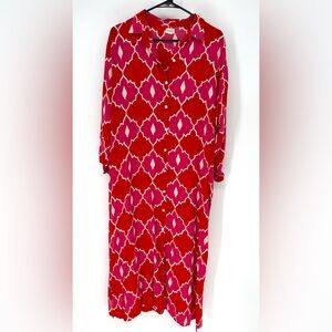 Alibey Red and Pink Geometric EuroSummer Long Sleeve Shirt Dress medium